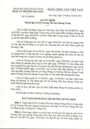 Quyết định thành lập Chi bộ trường Tiểu học Quang Trung