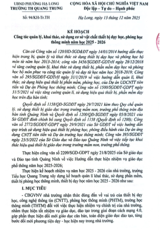 Kế hoạch công tác quản lý, sử dụng cơ sở vật chất, thiết bị dạy học, phòng học thông minh năm học 2025-2026