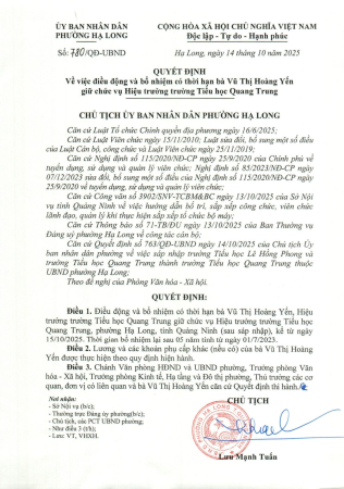 Quyết định bổ nhiệm Hiệu trường trường Tiểu học Quang Trung năm 2025-2026