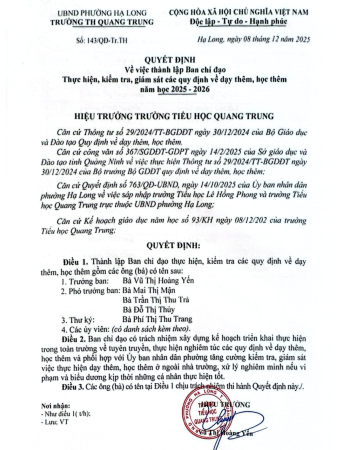 Quyết định "V/v thành lập Ban chỉ đạo thực hiện kiểm tra, giám sát, các quy định về dạy thêm, học thêm, năm học 2025-2026