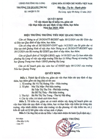 Quyết định "V/v thành lập tổ kiểm tra, giám sát việc thực hiện các quy định về dạy thêm, học thêm, năm học 2025-2026