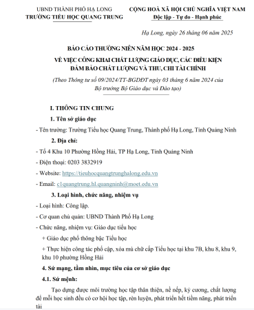 Báo cáo thường niên năm học 2024 - 2025 về việc công khai chất lượng giáo dục, các diều kiện đảm bảo chất lượng và thu chi tài chính.