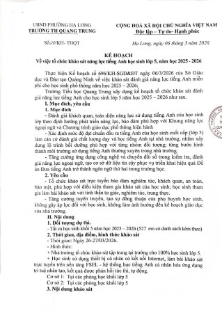 Tổ chức khảo sát năng lực tiếng Anh học sinh lớp 5, năm học 2025- 2026
